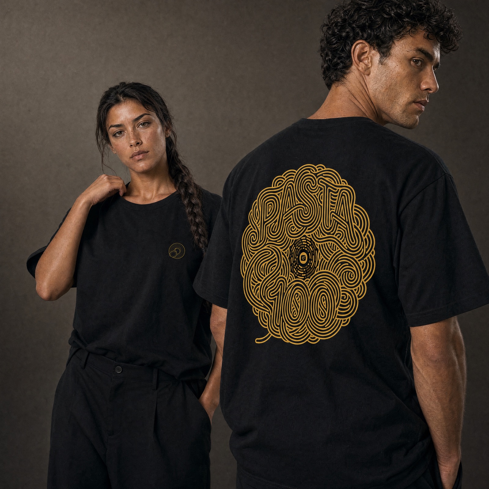 Front and back of the black founders tee — gold emblem at the chest, PASTA 100 tangle across the back