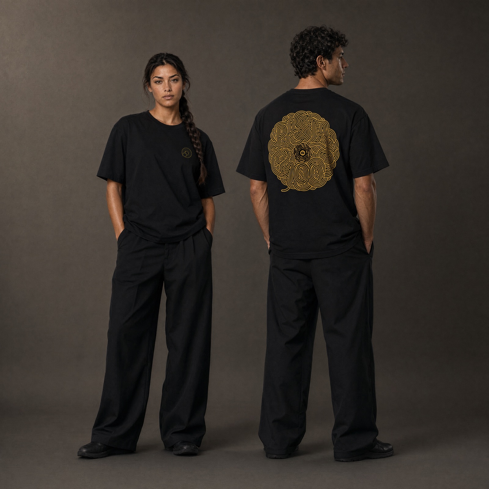 Front and back of the founders tee, full length